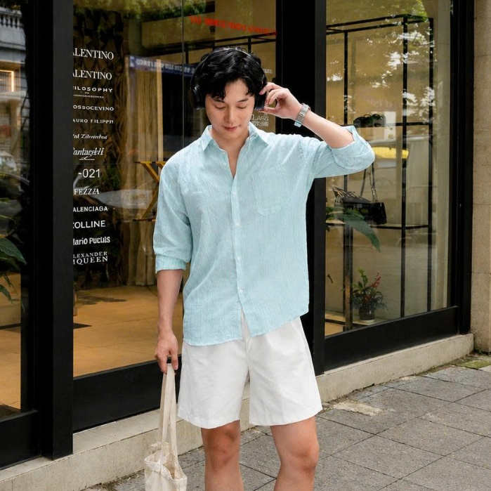 Set Quần Áo Nam Mùa Hè Sơ Mi Dài Tay Linen + Quần Shorts Thoáng Mát Đi Cafe Đi Chơi Halley J77