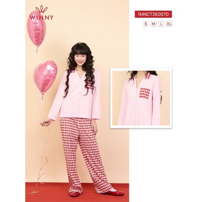 Bộ mặc nhà WINNY cotton CVC, Set đồ nữ cotton mềm mịn xuân hè quần dài tay dài kiểu pyjama màu hồng đỏ 1MNCT26007D