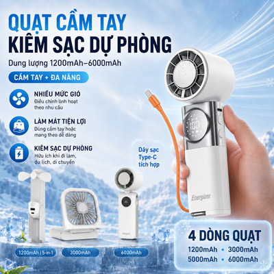 Quạt cầm tay 5in1 Energizer, Mini Fan kiêm sạc dự phòng dung lượng 1.200mAh-6.000mAh tốc độ cao, sò lạnh, BH 1 năm