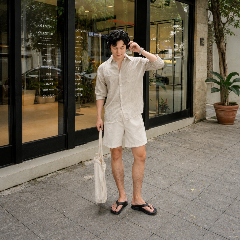 Set Linen Nam (Áo Sơ Mi Dài Tay Sọc Mỏng Nhẹ + Quần Short Đũi) Fashion Halley Thoáng Mát J77
