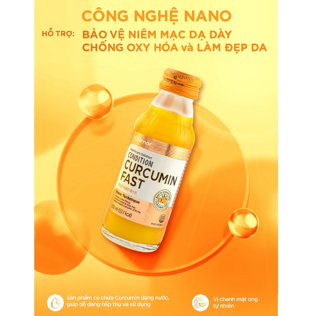 Nước Nghệ Nano Kolmar Curcumin Fast Nano Tăng Cường Hỗ Trợ Dạ Dày 100ml - 10 Chai