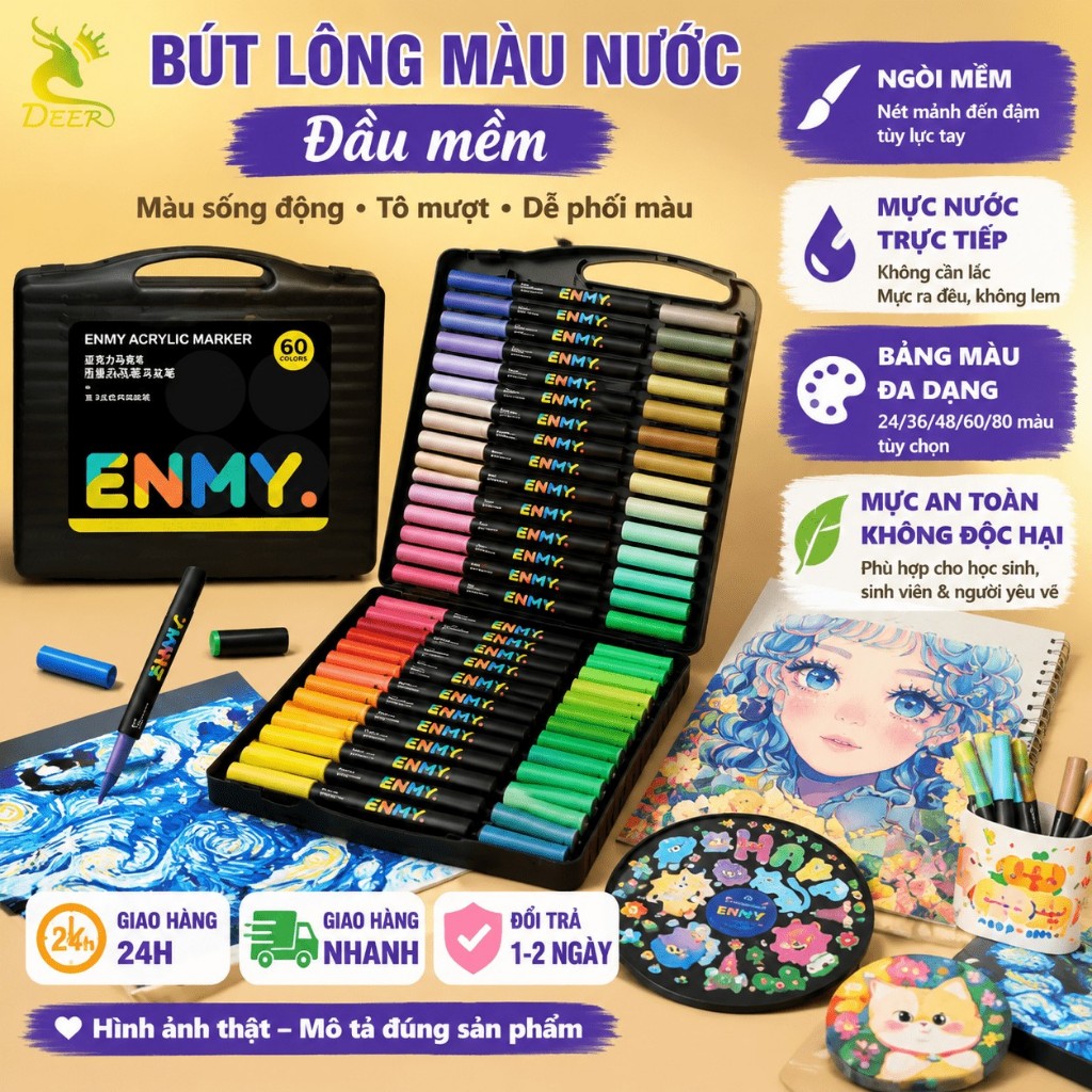 [COD]ENMY✨ Bộ Bút Lông Màu Nước Đầu Mềm 24/36/48/60/80 Màu – Enmy Acrylic Marker Phối Màu Mượt 🎨🖌️