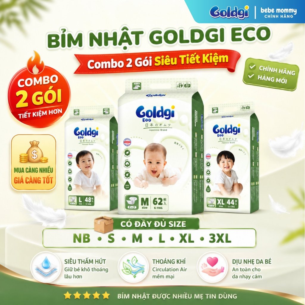 [COMBO 4] Goldgi Eco New Bỉm Nhật Chính Hãng Tã Bỉm Quần / Dán Goldgi  - Siêu Mỏng, Siêu Thấm Hút