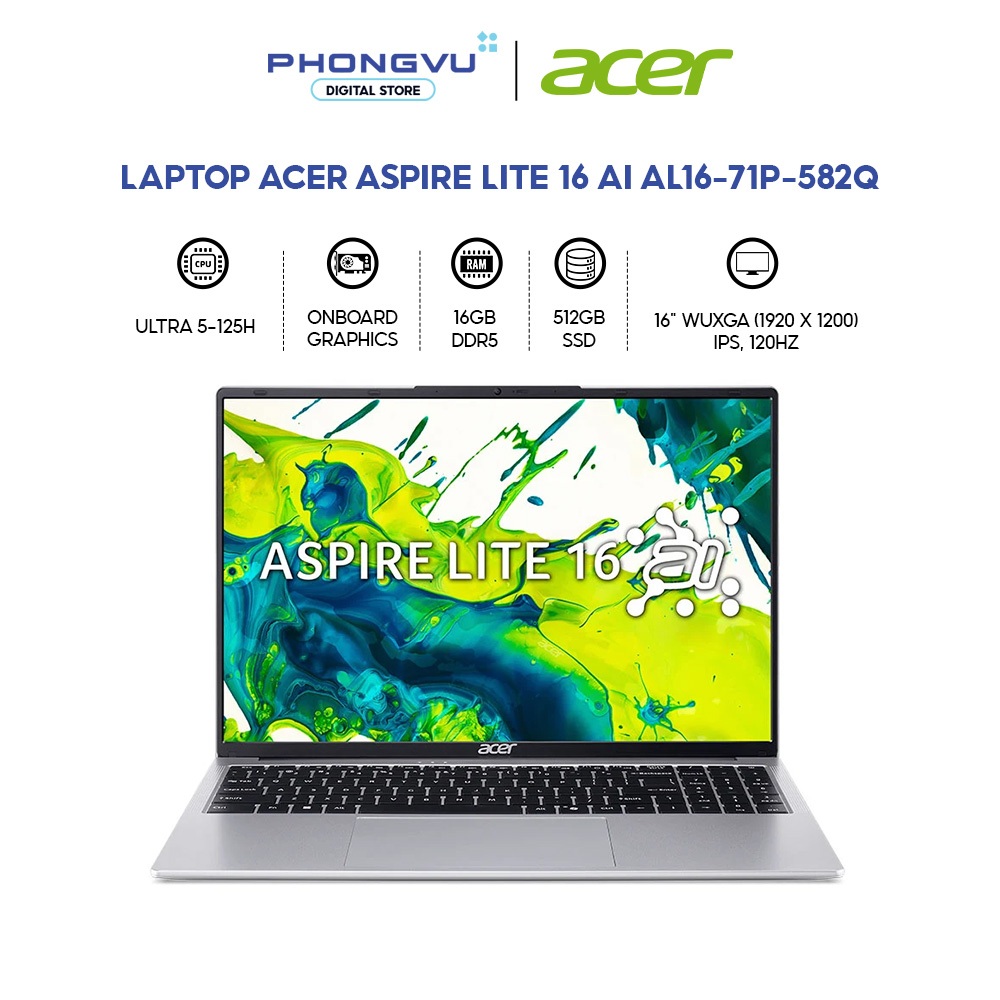Laptop Acer Aspire Lite 16 AI AL16-71P-582Q (Ultra 5-125H/ 16GB/ 512GB/ Win 11 Home SL) - Bảo hành 1