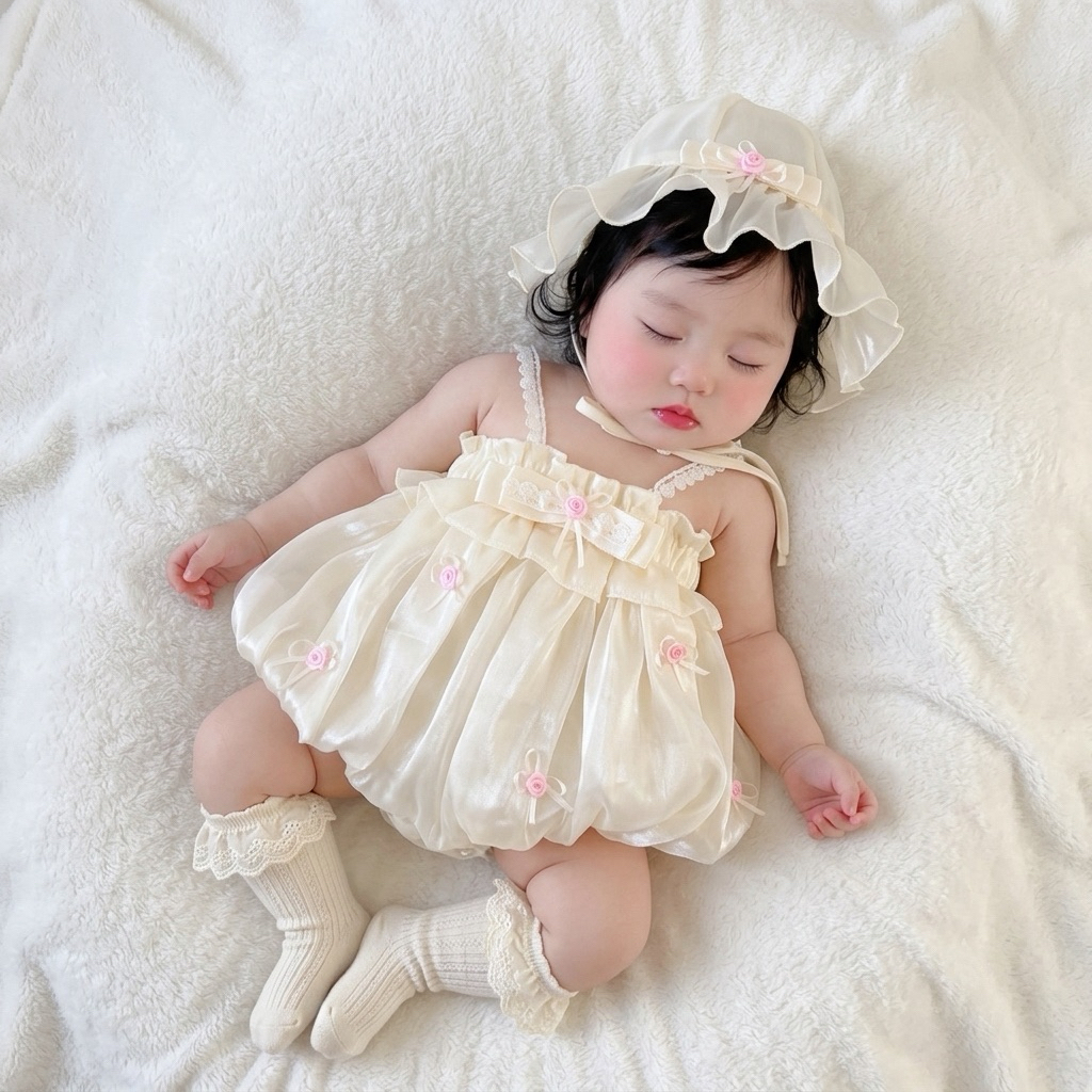 [NEW- ĐỘC QUYỀN]Body Váy/ Váy Bí Kem 2 Dây Đính Hoa Kèm Mũ Cho Bé 3-12kg
