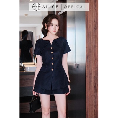 Set Bộ Denim Lụa Cao Cấp Alice, Áo Kiểu Cổ Bẻ Nẹp Cúc Đồng Sang Trọng, Quần Short Ống Rộng S1110
