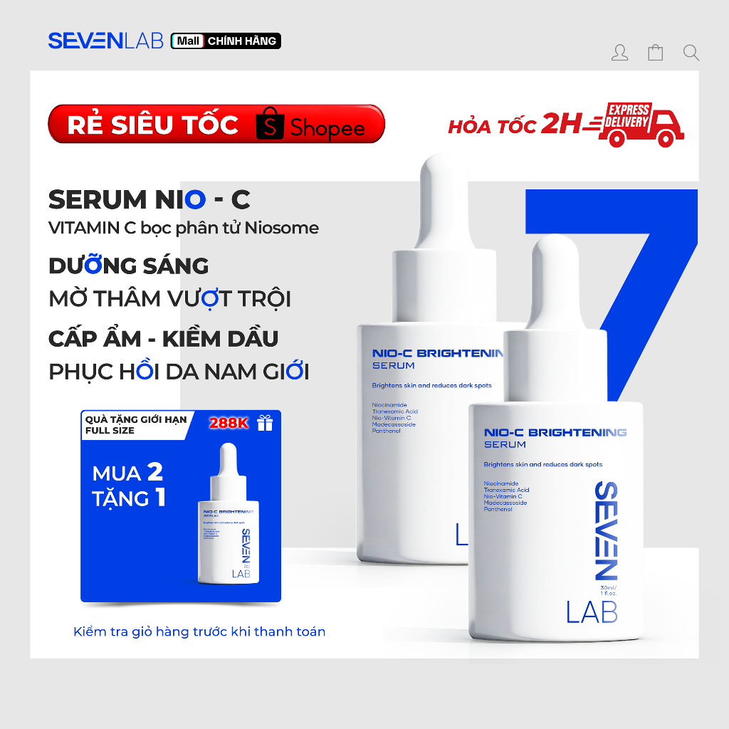 Serum trắng da mặt nam giới Nio-Vitamin C SEVENLAB dưỡng sáng, mờ thâm mụn vượt trội 30g