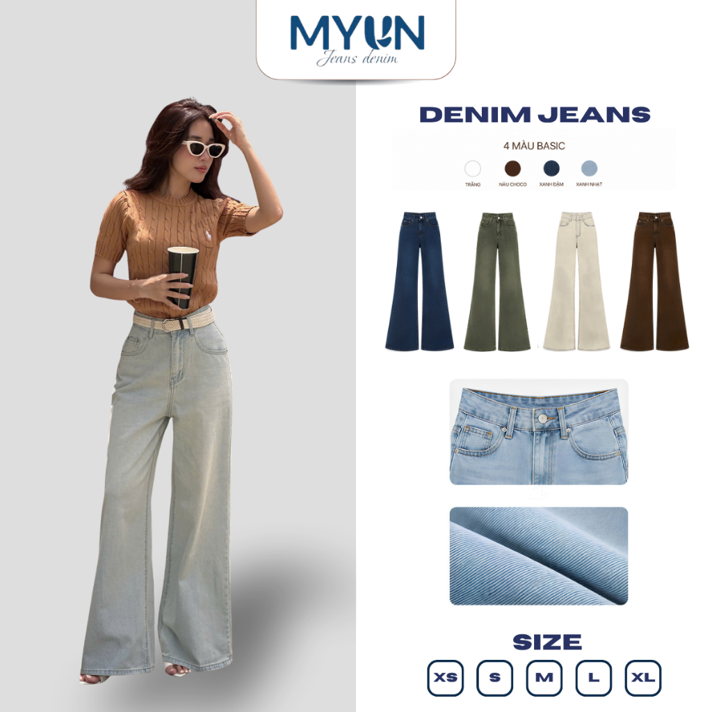 MYUN - Quần Jean Loe Nữ ống rộng 34cm cạp cao tôn dáng, quần bò loe denim xanh đen vải cotton JL0001