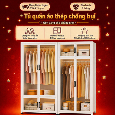 Tủ Quần Áo CONOCO Khung Thép Kính Mờ, 2 Kiểu Treo, Chống Bụi Ẩm Chứa 100 Bộ Đồ