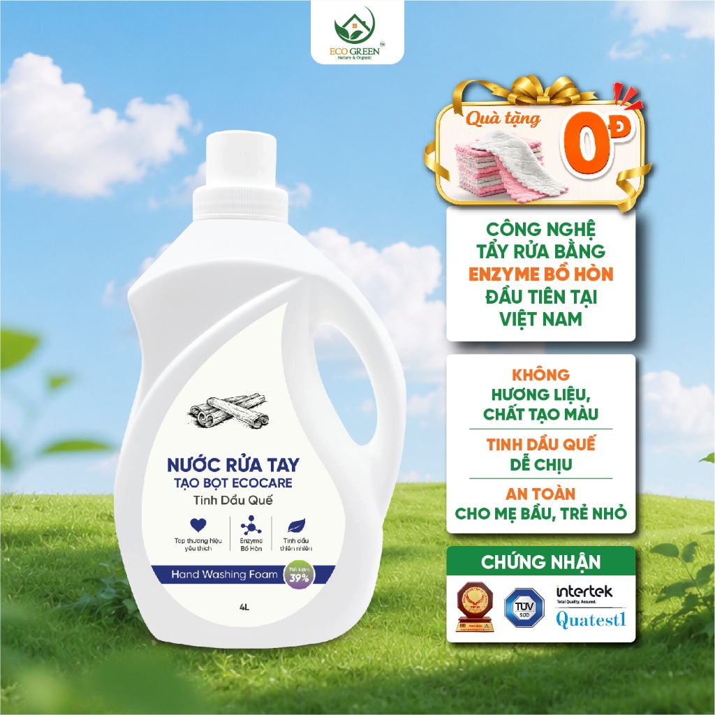 (TẶNG VỎ TẠO BỌT ĐẶC BIỆT)Nước Rửa Tay Hữu Cơ Hương Quế 4L ECOCARE Rửa Tay Diệt Khuẩn Dưỡng Ẩm