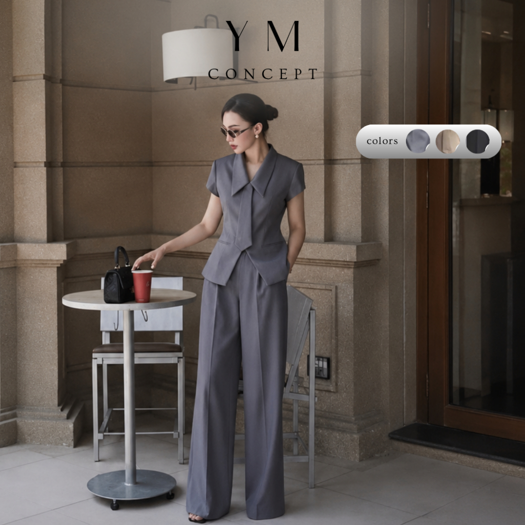 YM Concept Set Gile Công Sở Tay Ngắn Kèm Cà Vạt Và Quần Suông Tôn Dáng D1095