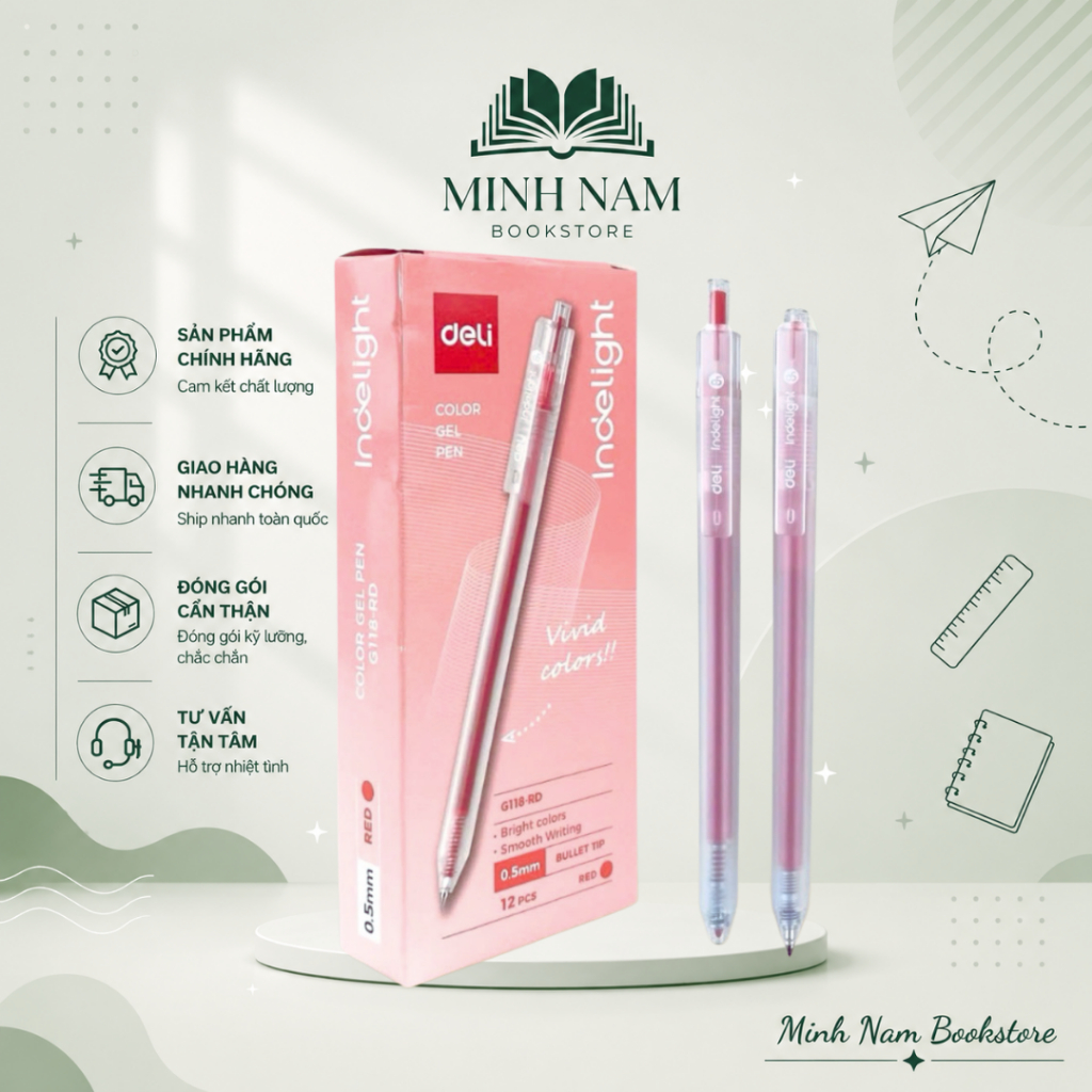 [Hộp 12 Cây] Bút gel mực đỏ Deli EG118 viết gel pen DELI G118