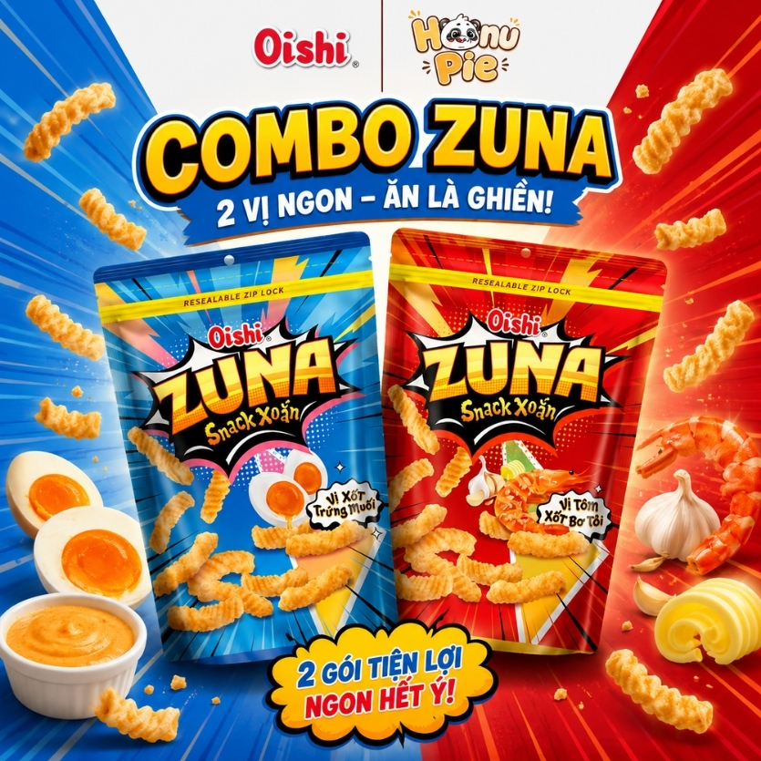 Combo 2 Gói Snack Oishi Zuna 65g Vị Tôm Xốt Bơ Tỏi & Xốt Trứng Muối | Snack Xoắn Giòn Rụm Ăn Vặt