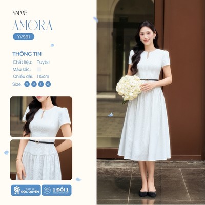 Váy Thiết Kế Nữ YAME Cổ Tròn Đính Cúc Kim Loại, Tùng Váy Xòe Rộng Rút Dúm Tặng Kèm Đai Da - AMORA YV991