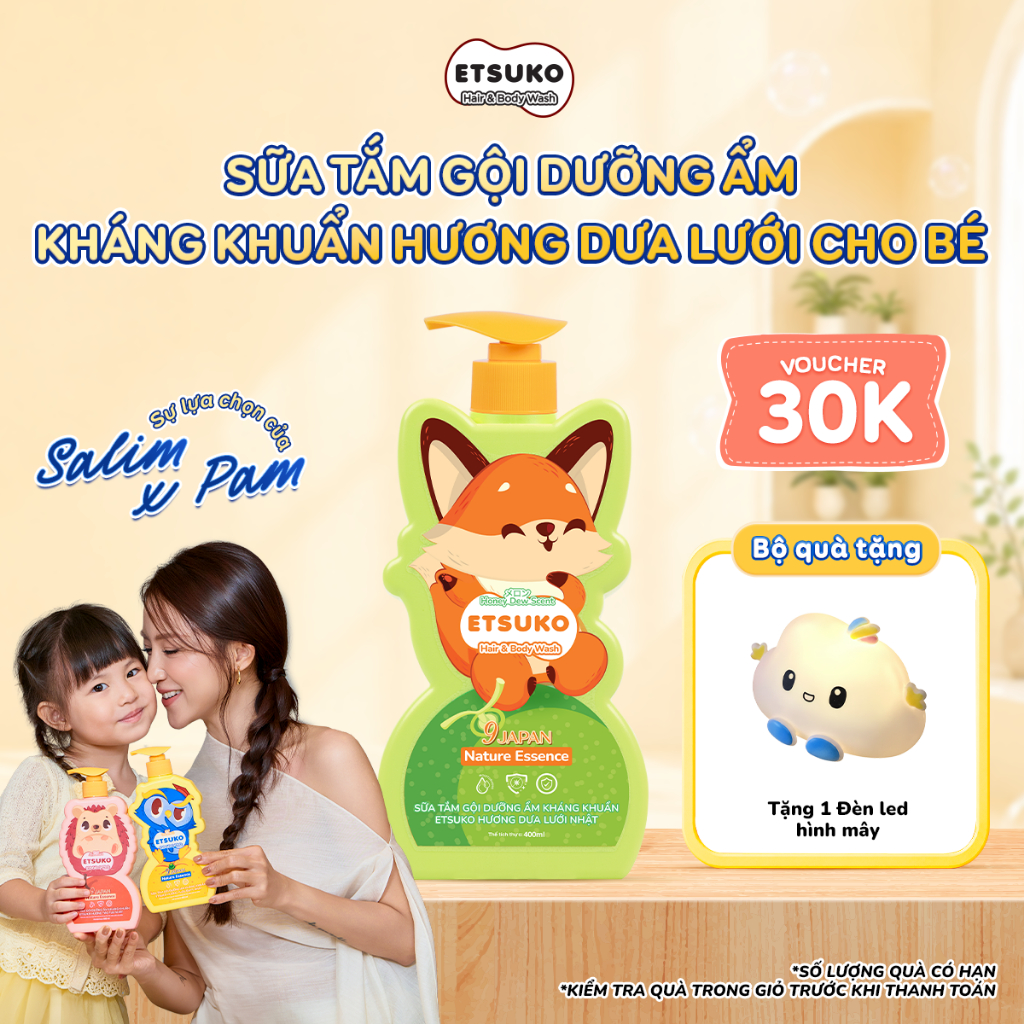 Sữa Tắm Gội Cho Bé ETSUKO Hương Dưa Lưới Nhật 400ml Dưỡng Ẩm Và Kháng Khuẩn An Toàn Cho Da Nhạy Cảm.