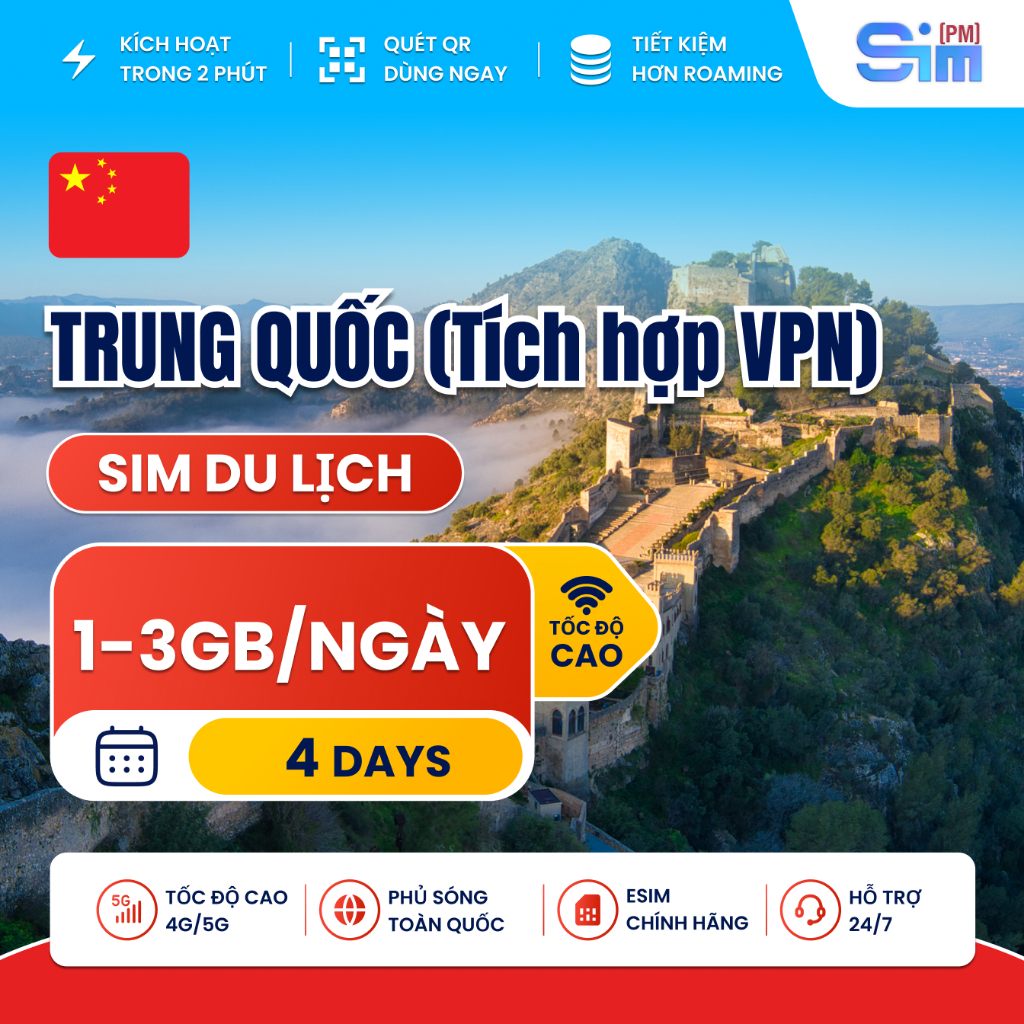Sim du lịch Trung Quốc 4 ngày tích hợp sẵn VPN truy cập mạng xã hội tốc độ cao