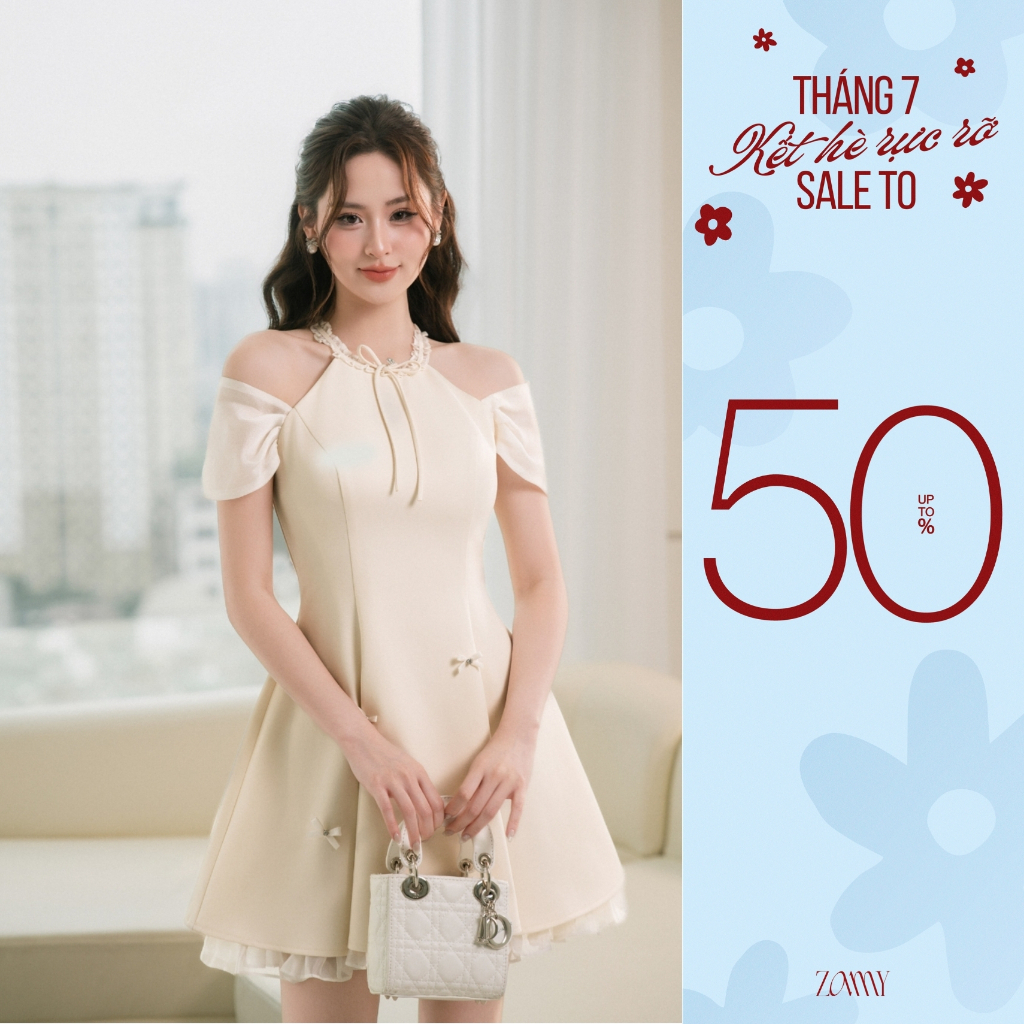 ZAMYSHOP - Váy thiết kế cổ yếm bèo phối tơ, váy đi tiệc nhẹ, đi chơi