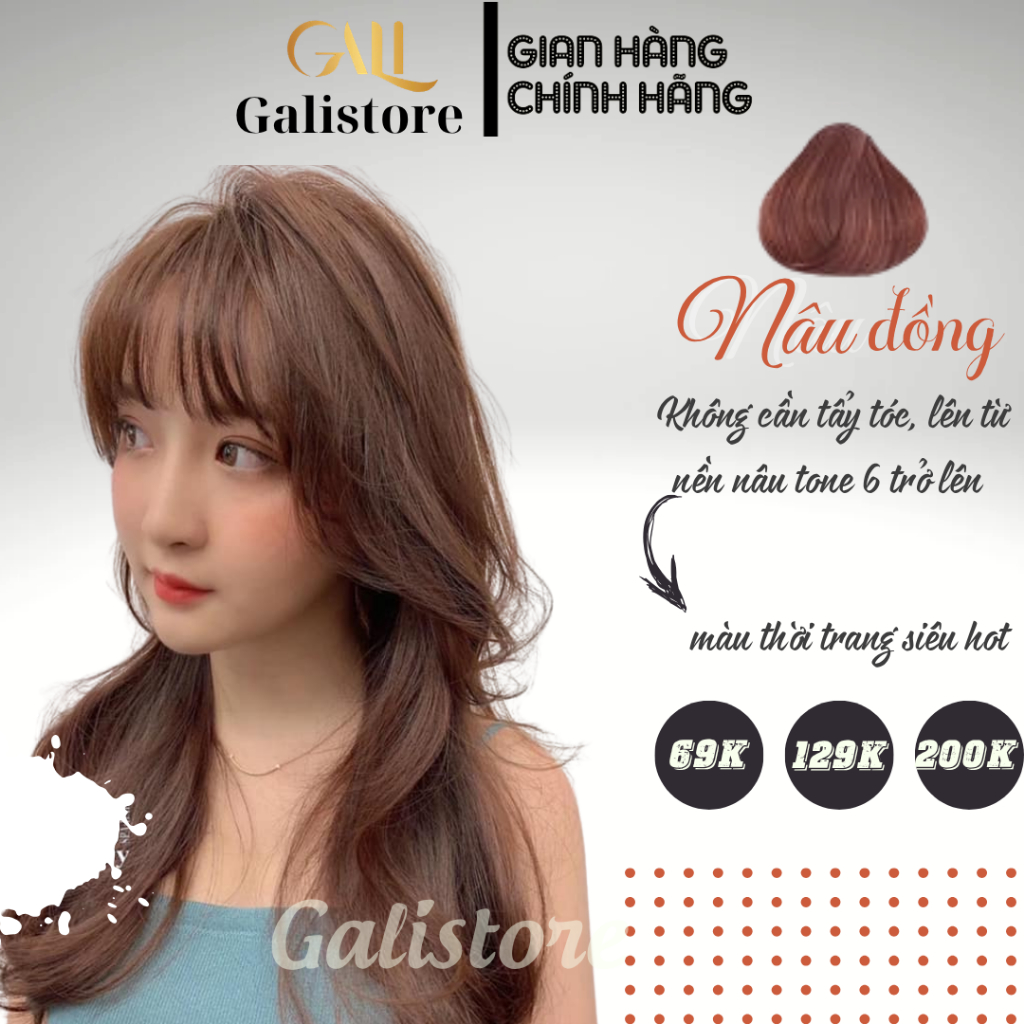Thuốc nhuộm tóc nâu đồng ánh cam không cần thuốc tẩy tóc, kèm oxy trợ nhuộm Galistore