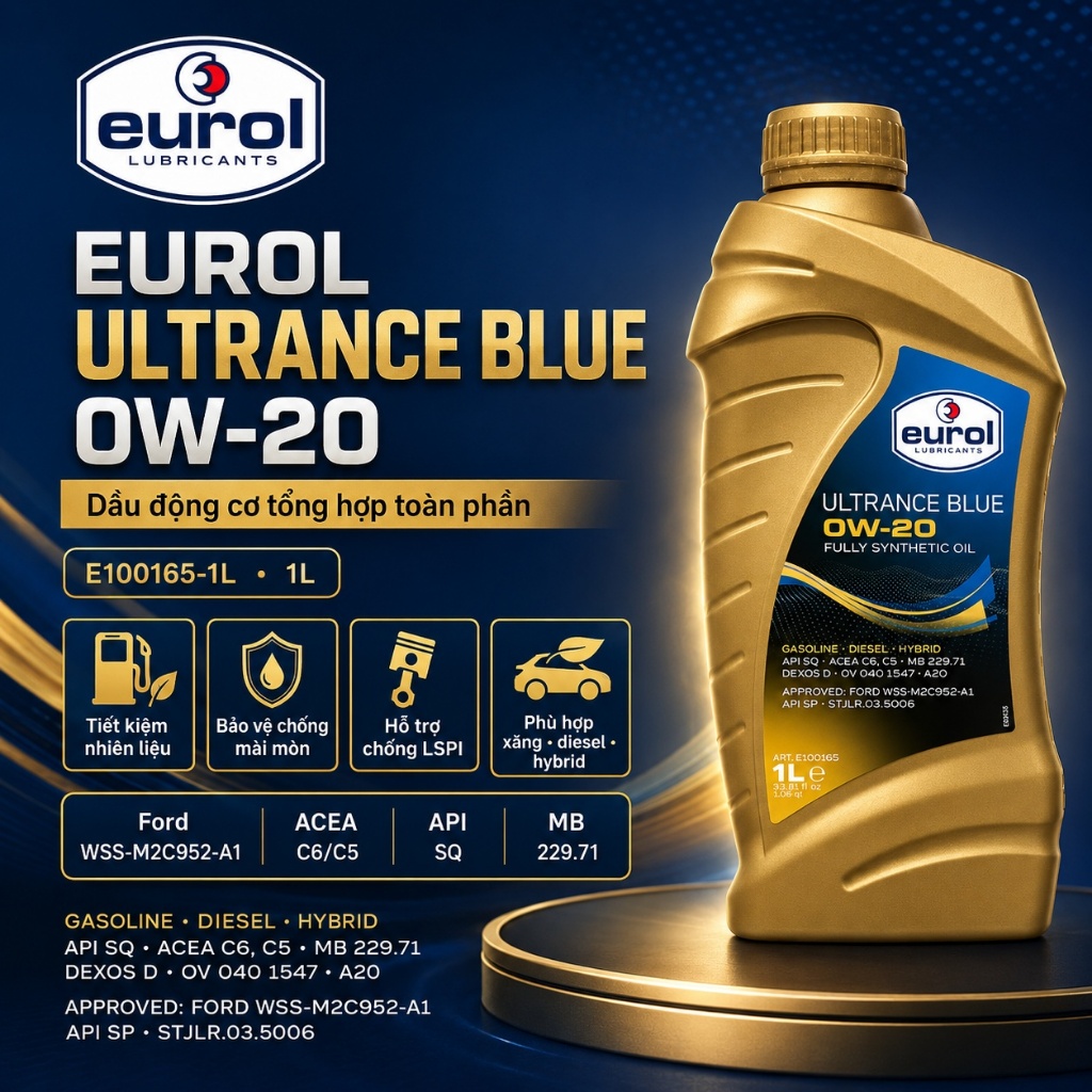 Dầu Nhớt Động Cơ Eurol Ultrance Blue 0W20 1L Tổng Hợp Toàn Phần API SP Ford WSS-M2C952-A1 E100165