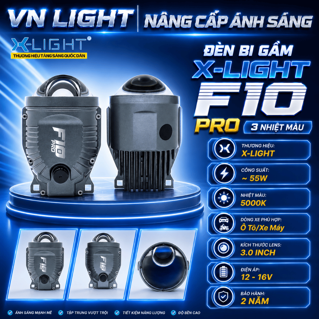 Đèn Bi Gầm X-Light F10 Pro 3 Nhiệt Màu 3.0Inch 55W Chính Hãng Siêu Sáng Nét Bám Đường Tốt BH 2 Năm