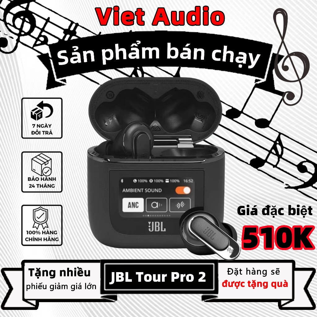 Tai nghe Bluetooth True Wireless JBL Tour Pro 2 (Bluetooth 5.3-Chống ồn ANC, màn hình LED Cảm ứng)