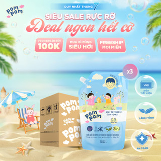 Combo 3 Túi Nước Giặt Xả Pom Pom Active 2.7L - Siêu Tiết Kiệm Cho Cả Gia Đình, Sạch Thơm Mềm Vải, Hương Nắng Mai AT27