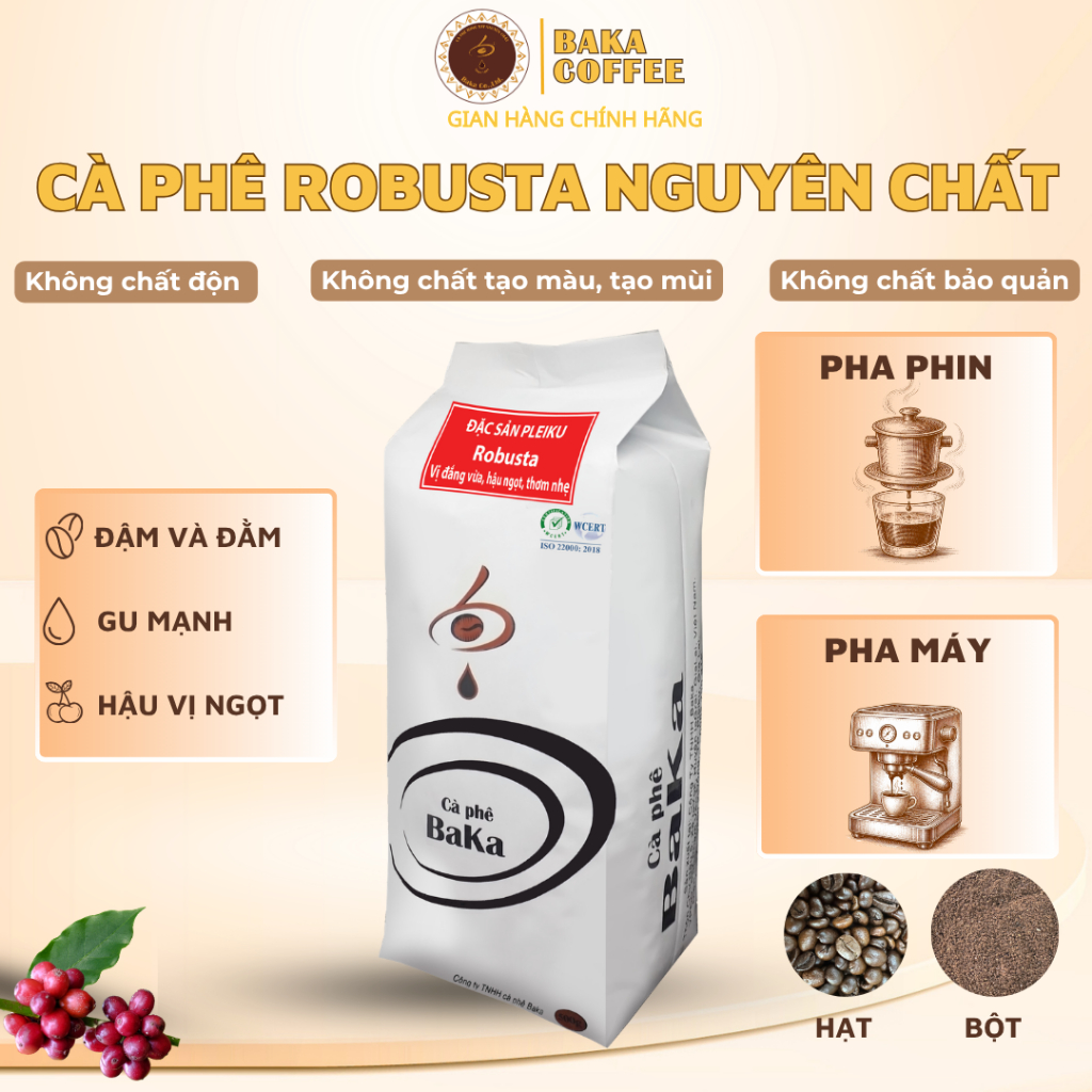Cà phê Robusta Baka Coffee nguyên chất bột/hạt - Gu đậm hậu ngọt - Rang củi truyền thống