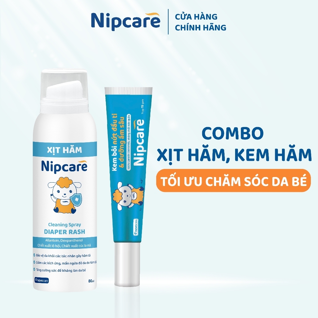 Combo chống hăm cho bé- Xịt hăm Nipcare 80ml, kem Nipcare lanolin 15g bôi nứt đầu ti, khô môi, hăm