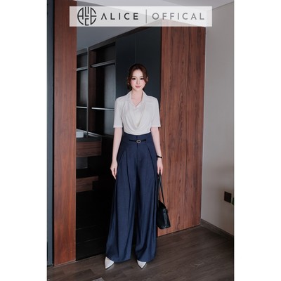 Set Đồ Công Sở Alice Cao Cấp, Áo Thun Cotton Co Giãn Phối Quần Bò Lụa Ống Rộng Kèm Đai A1116+Q1118