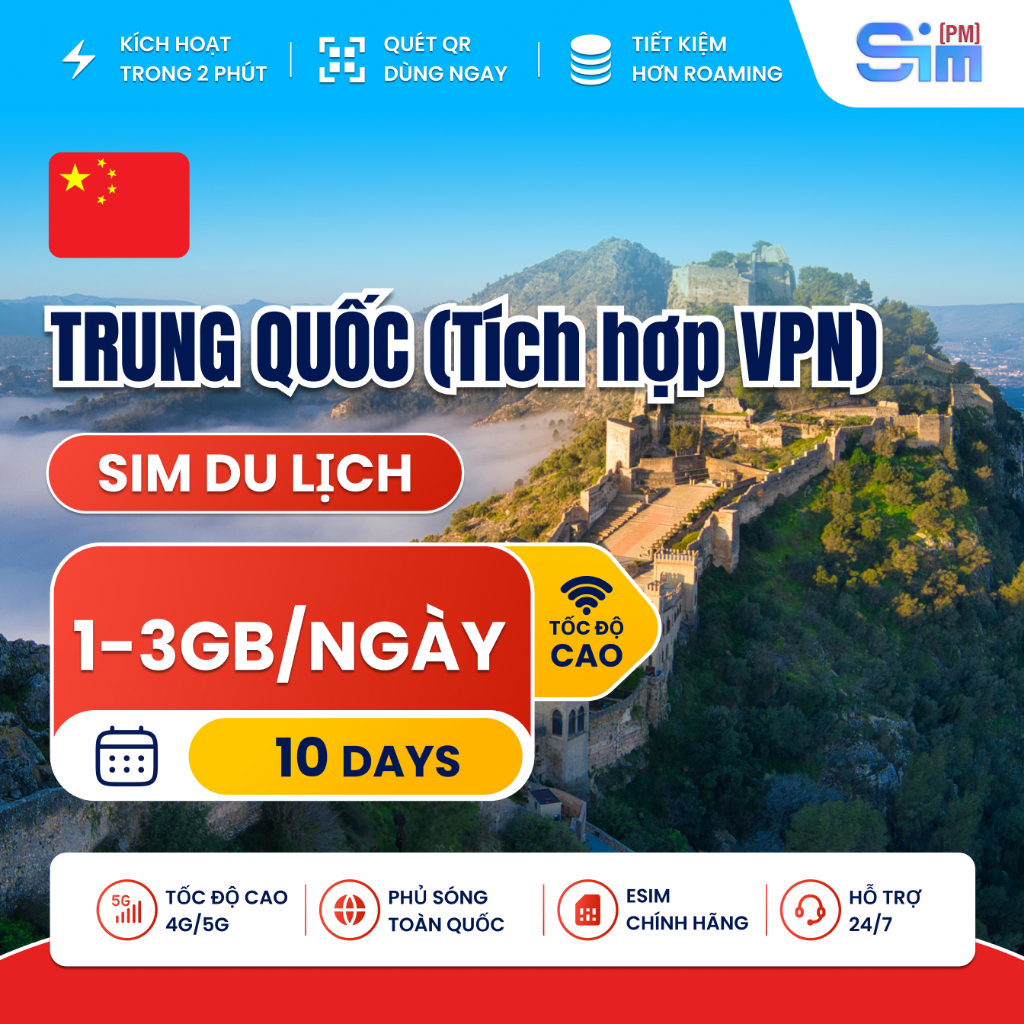 Sim du lịch Trung Quốc 10 ngày tích hợp sẵn VPN truy cập mạng xã hội tốc độ cao