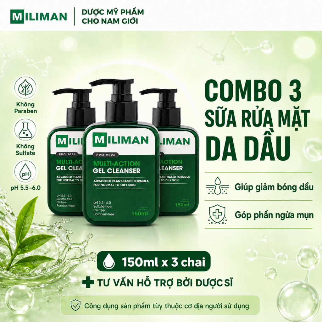 Combo 3 Chai Sữa Rửa Mặt Nam Da Dầu MILIMAN 150ML - Giúp Làm Sạch Sâu Kiểm Soát Dầu Nhờn Ngừa Mụn