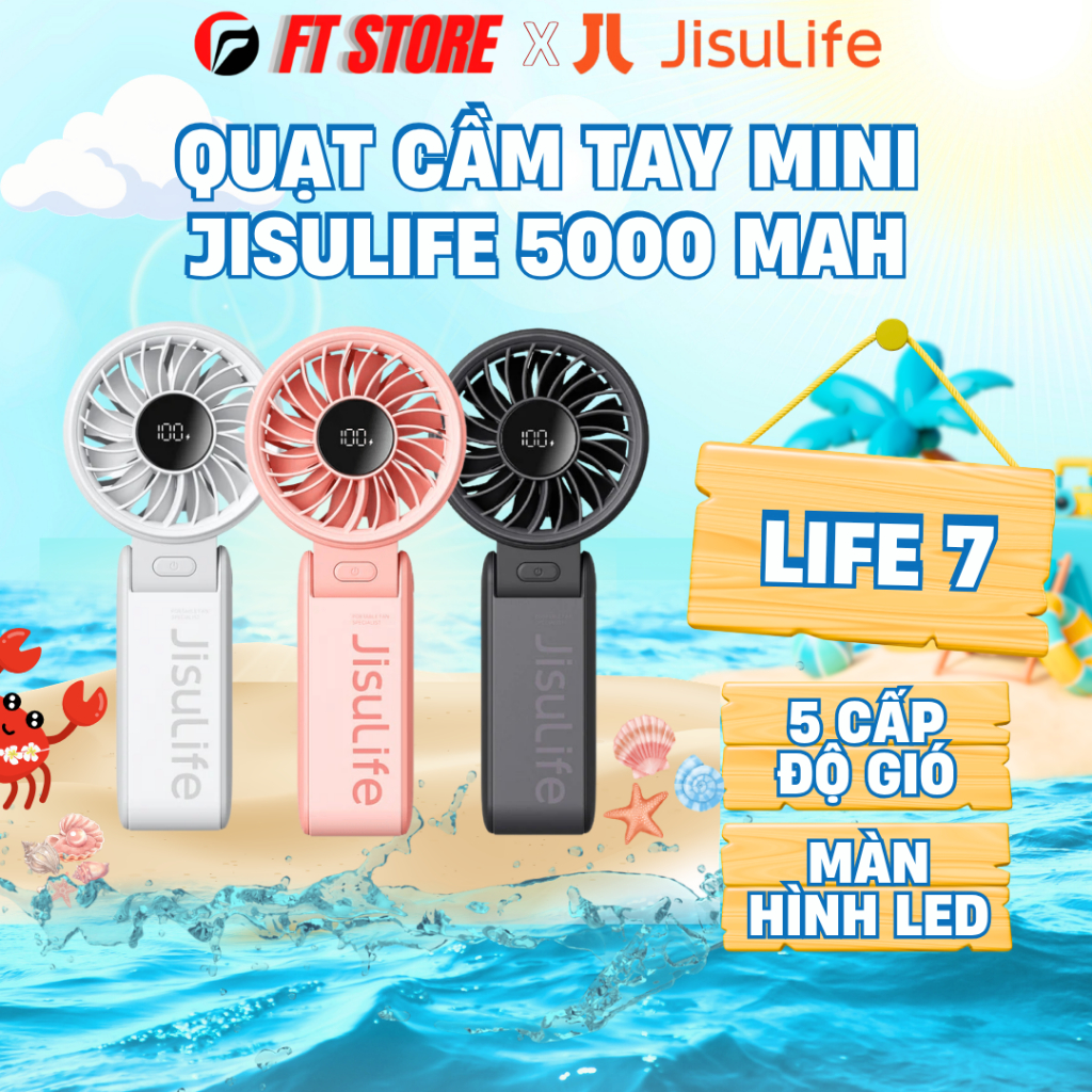 Quạt Cầm Tay Mini Jisulife Life 7 ABS 5 cấp độ gió 3600mAh/5000mAh, sử dụng liên tục 12 Giờ - BH12T