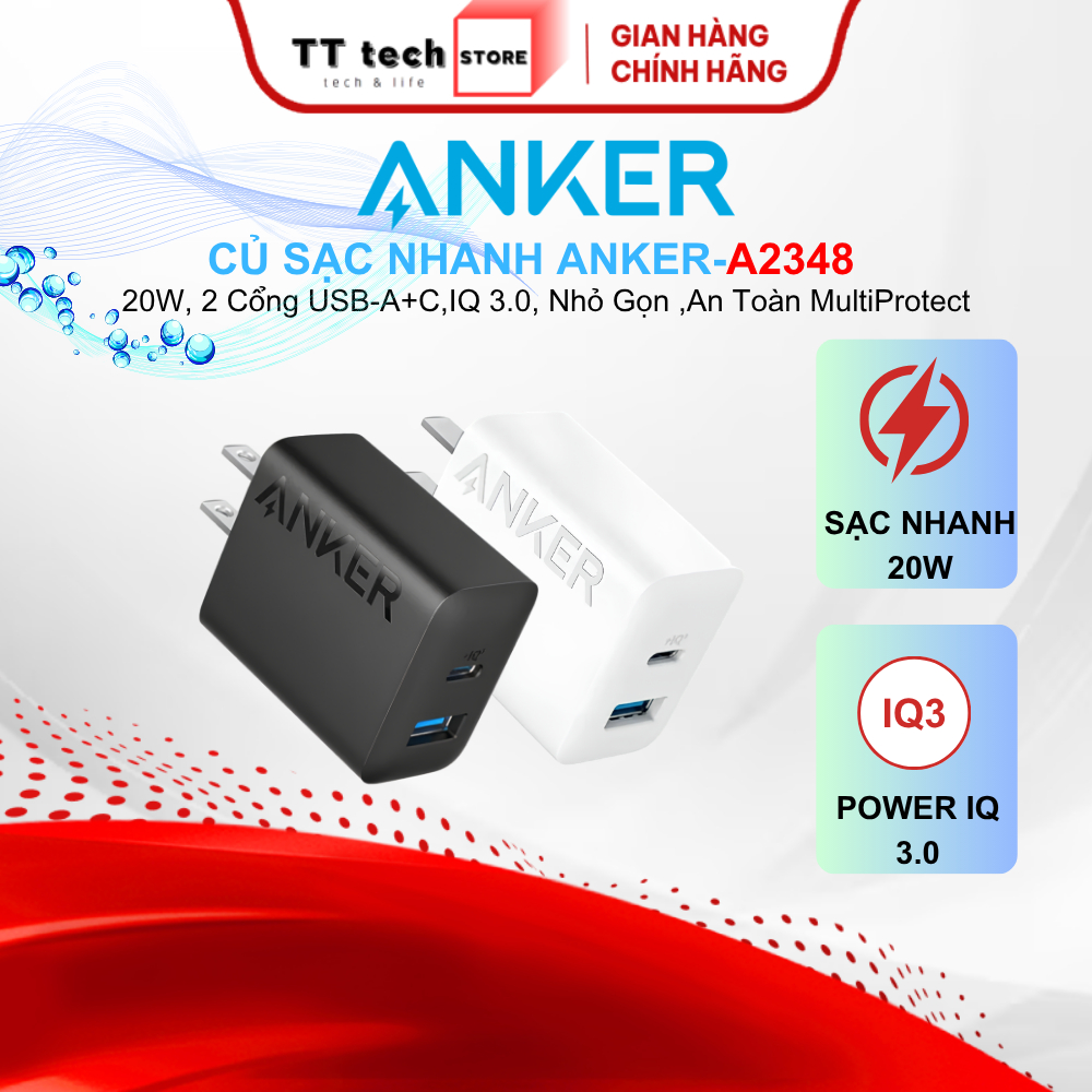 Củ Sạc Nhanh Anker A2348 20W – PD 1 USB-C + 1 USB-A, PowerIQ 3.0