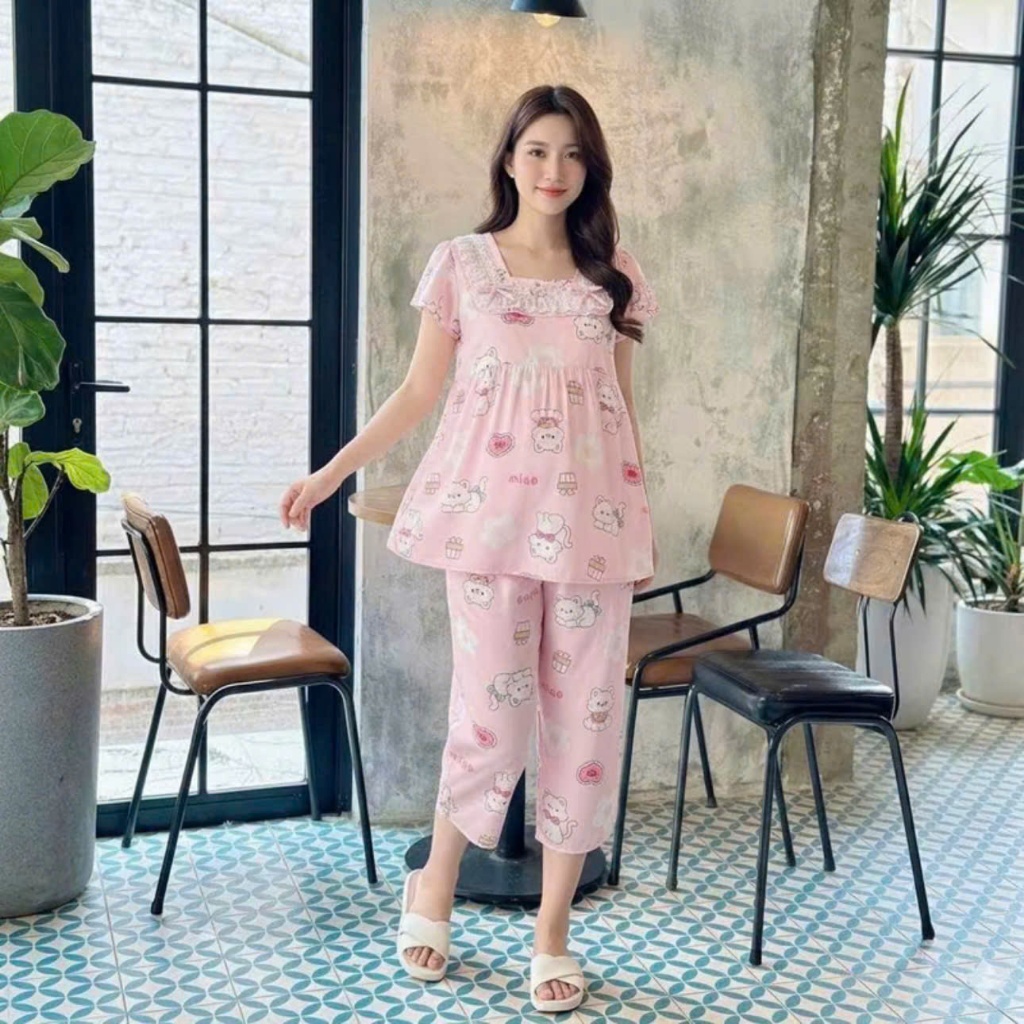Đồ Bộ Bầu Lụa Mango Cổ Ren Trẻ Trung Năng Động Cho Các Mom-YUMI STORE
