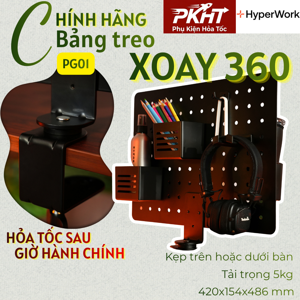 Bảng treo đồ, Kệ để đồ Kẹp bàn Xoay 360 độ OMNI Pegboard Hyperwork PG03 Kèm 14 phụ kiện trữ đồ