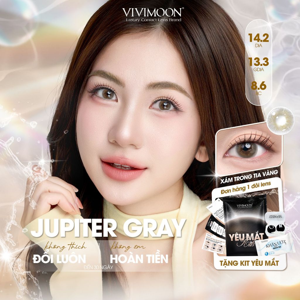 Lens VIVIMOON, Lens cận 6 tháng 14.2 giãn tròng nhẹ màu xám JUPITER GRAY, Kính áp tròng có độ cận từ