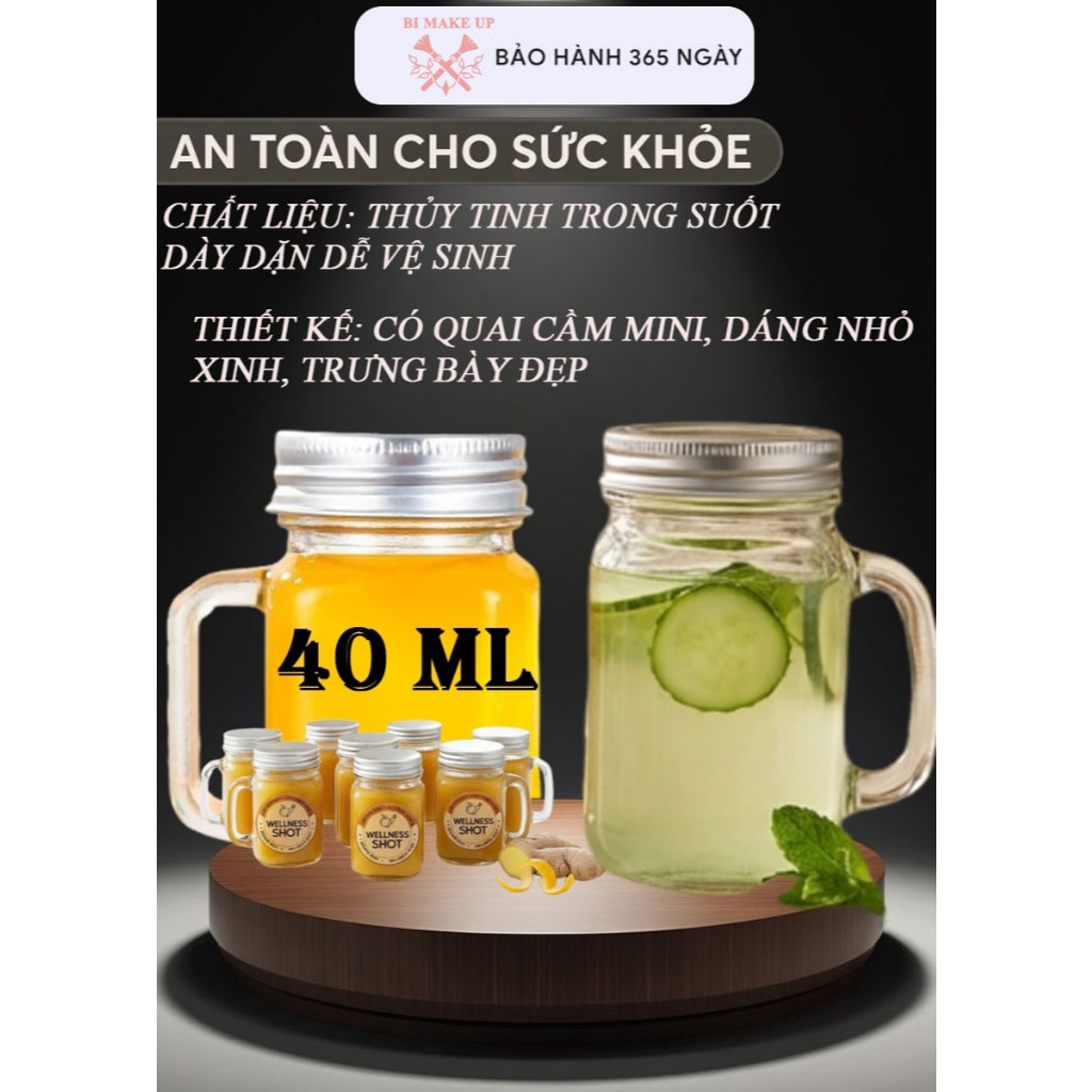 Ly thủy tinh mini 40ml có quai cầm, nắp bạc – đựng espresso, ginger shot, nước ép mini