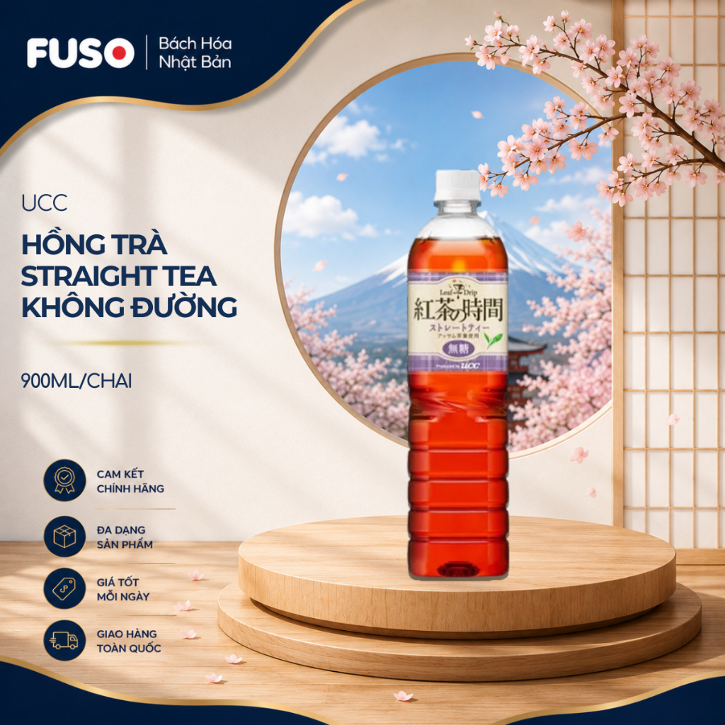 Hồng Trà Không Đường UCC Kocha no Jikan Straight Tea (Chai 900ml) – Thanh Mát Đậm Vị - Fuso Bách Hóa
