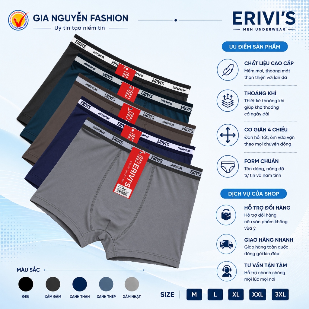 Combo 4 Quần Boxer nam, quần lót đùi nam Thun lạnh, thương hiệu Erivis. Hàng Việt Nam chất lượng cao