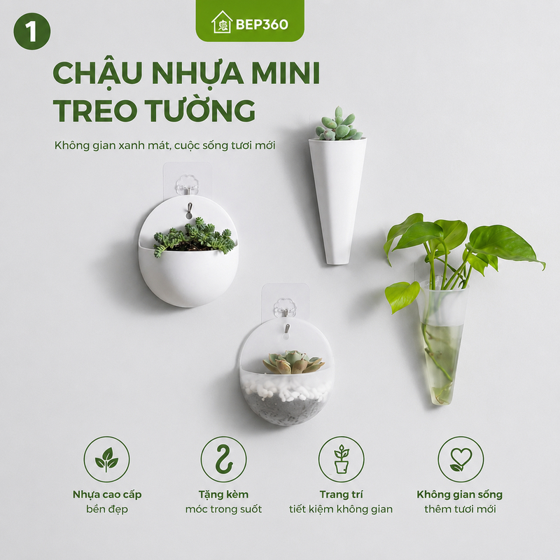 Chậu nhựa mini treo tường trang trí cây xanh, mang đến không gian sống thêm tươi mới và sinh động.