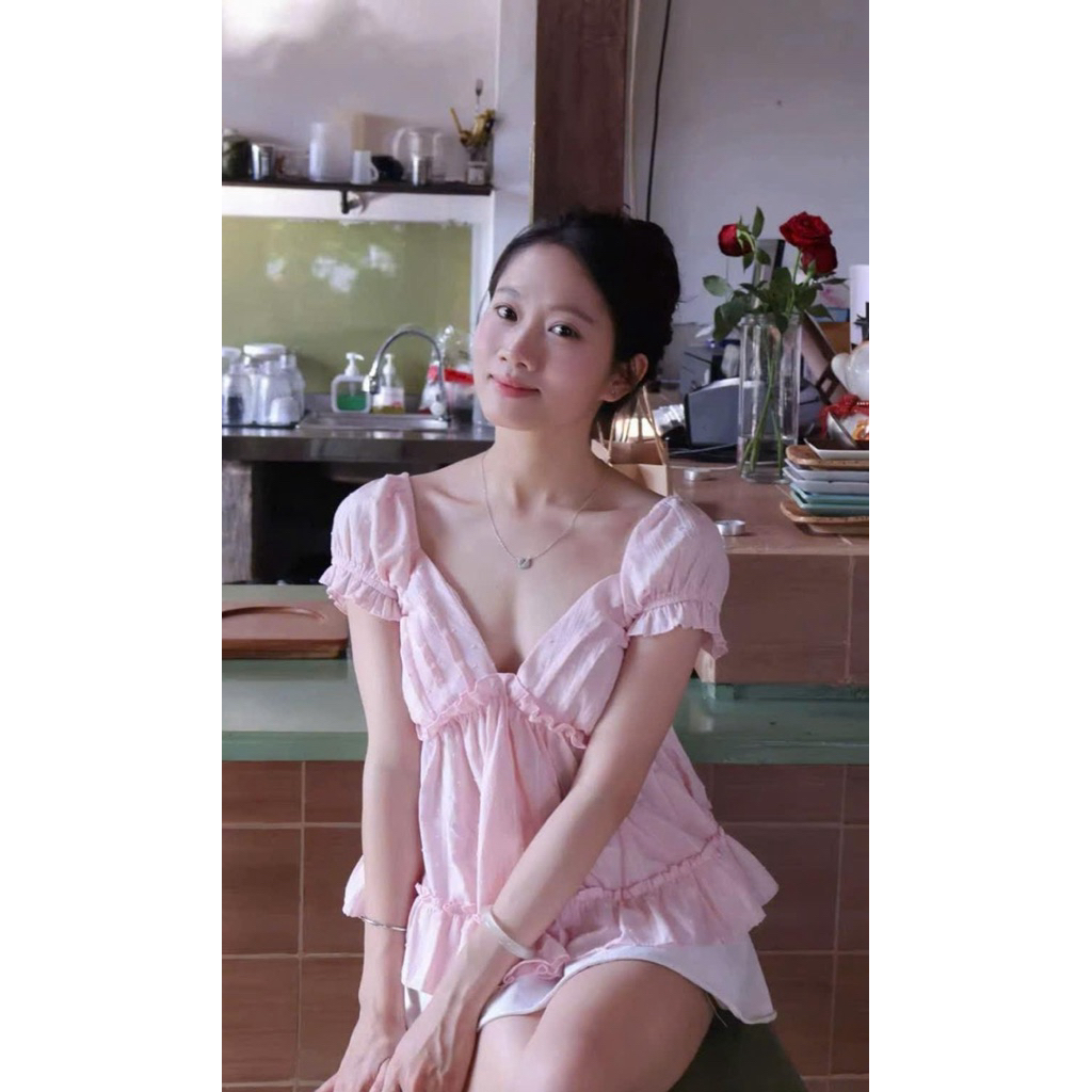 [HANIE TOP] Áo Babydoll Tay Phồng Phối Bèo Tiểu Thư - BíBe.Store