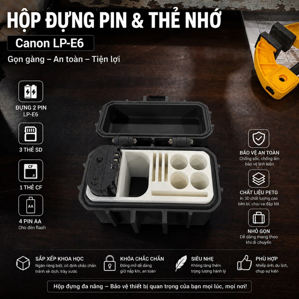 Hộp đựng pin Canon LP-E6 Đựng 2 pin LP-E6, 3 thẻ SD, 1 thẻ CF, 4 pin AA cho đèn flash Chất liệu PETG