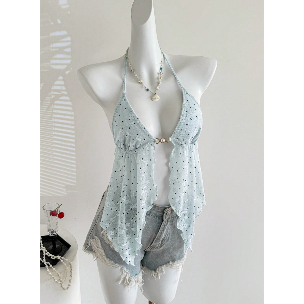 [ORDER 8 NGÀY] Jennie Top - Áo Đi Biển Voan Mỏng Màu Xanh Nhạt