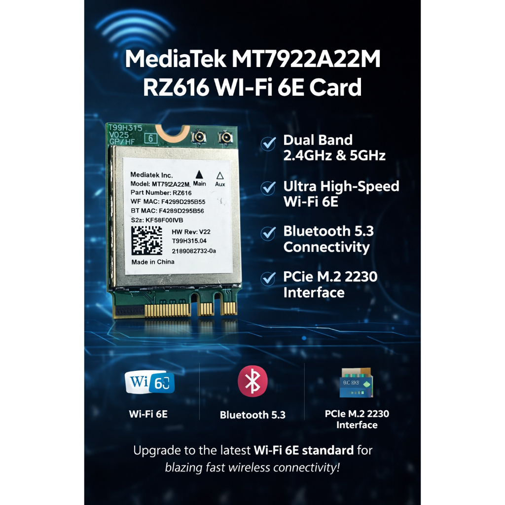 Card Wifi MediaTek RZ616 Wi-Fi 6E (MT7922) - Tốc độ 5374Mbps, Bluetooth 5.3, Tốc độ cực đỉnh, kết nố