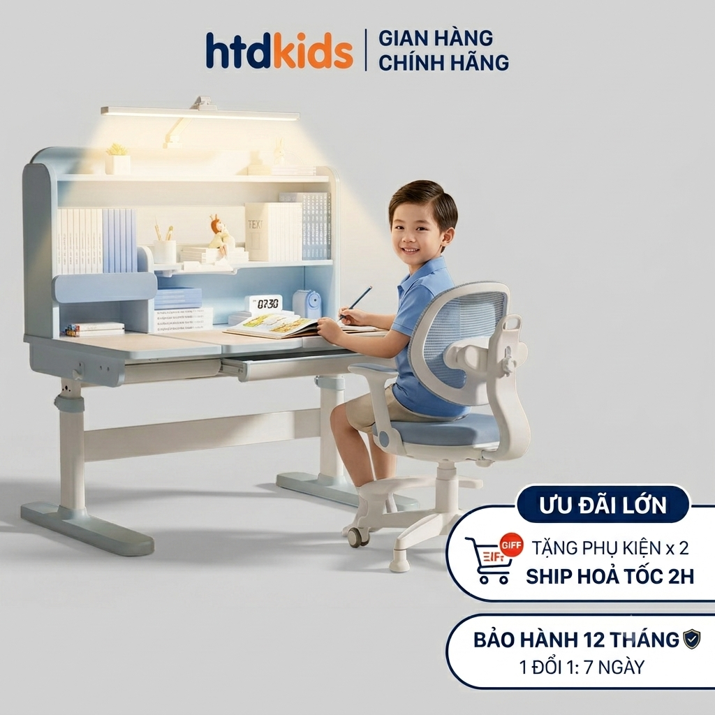 Bộ Bàn Học Thông Minh Cho Bé HTDkids T100 T120 - Bàn Học Chống Gù Chống Cận Điều Chỉnh Độ Cao Có Giá