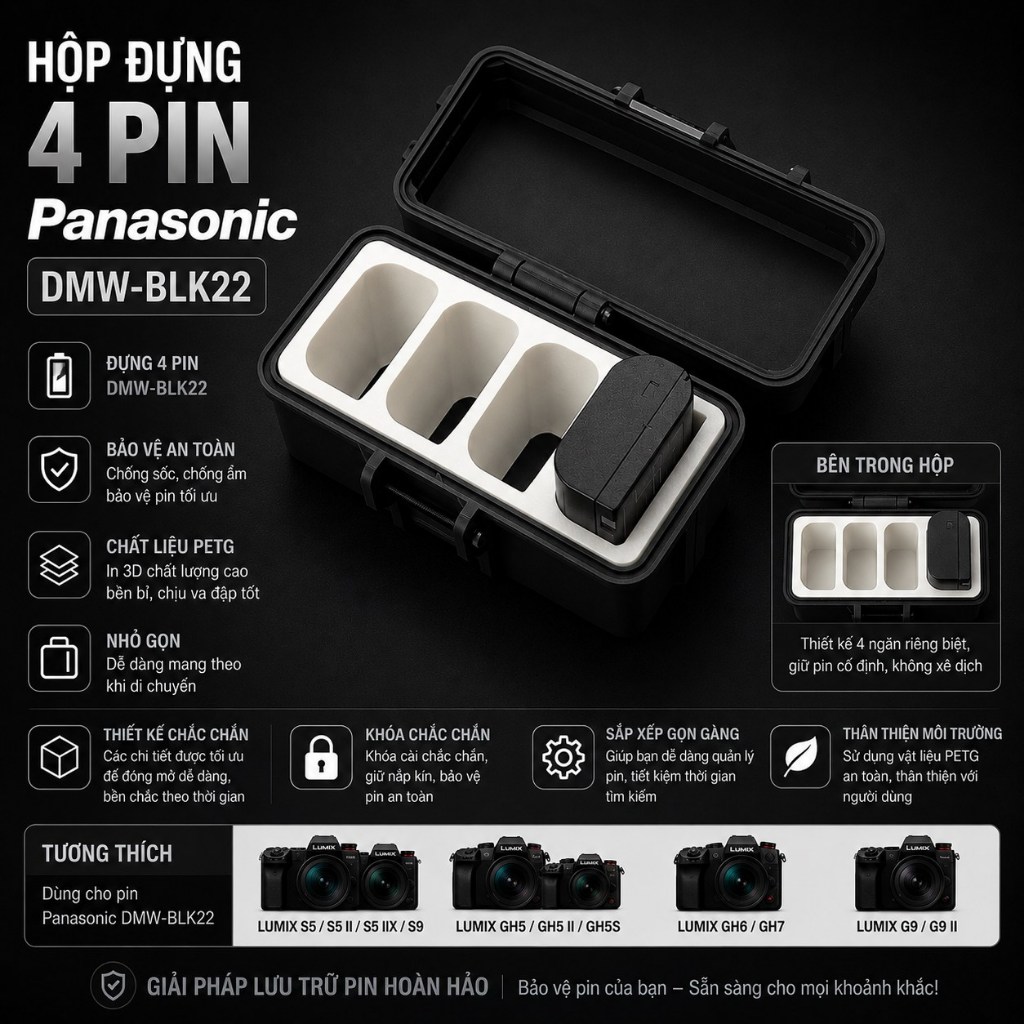 HỘP ĐỰNG 4 PIN PANASONIC DMW-BLK22 IN 3D PETG