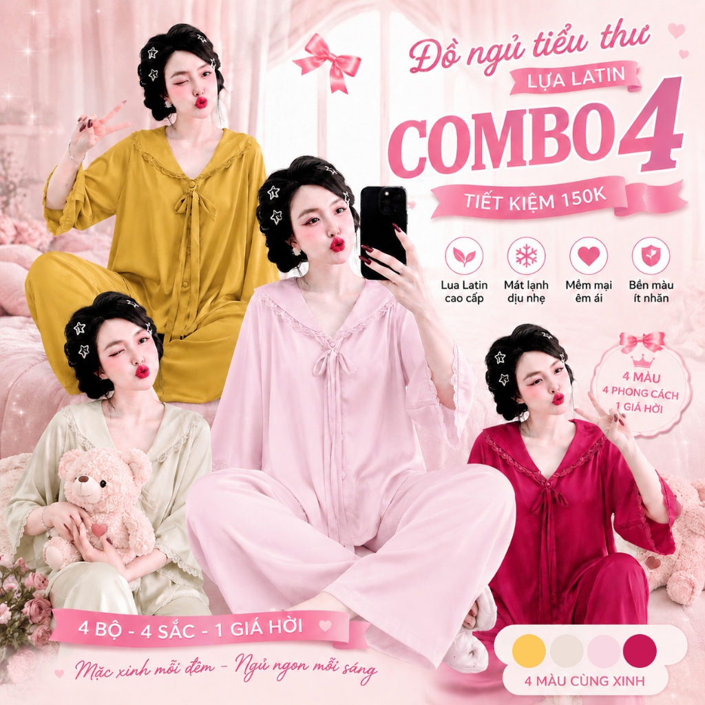 Đồ Ngủ Nữ Bigsize, Đồ Ngủ Pijama lụa Latin Tay Loe Dài cao cấp mềm mại dễ thương < 70KG M08
