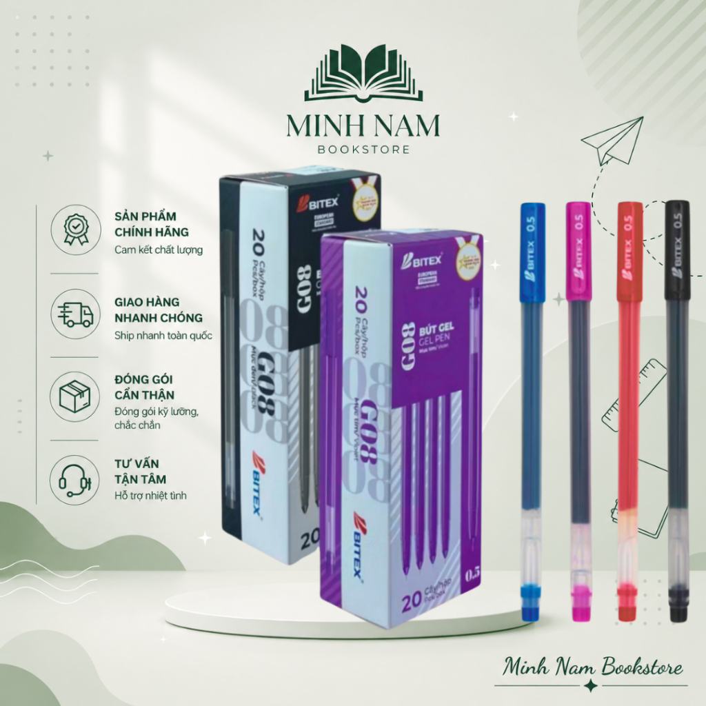 (Hộp 20 Cây) Bút Viết Mực Gel BITEX G08 Ngòi 0.5mm Mực Xanh/Đỏ/Đen/Tím - Nét Êm, Mực Đều