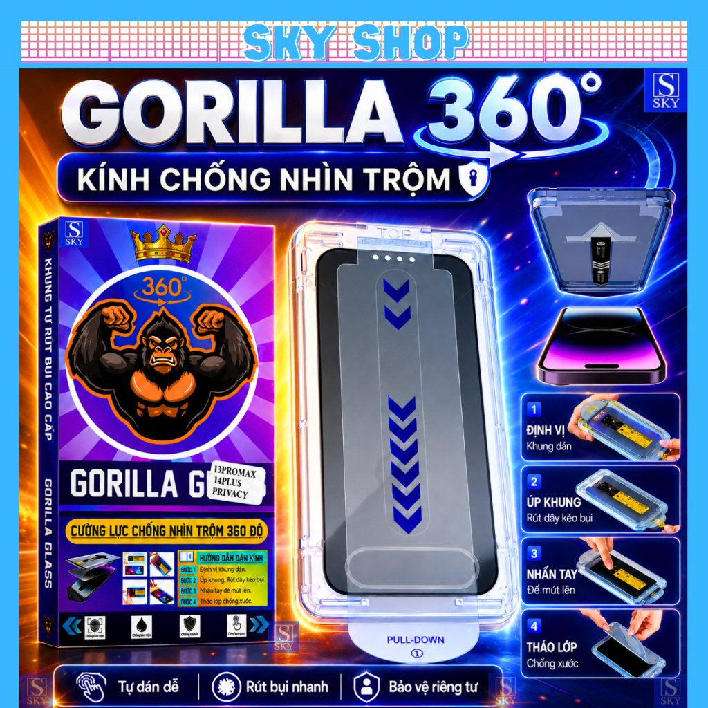 Kính Cường Lực GORILA Glass Chống Nhìn Trộm 360 Độ Có Khung Tự Dán Rút Bụi Cho iPhone 11-17 Pro Max 18 ProMax X XR XS
