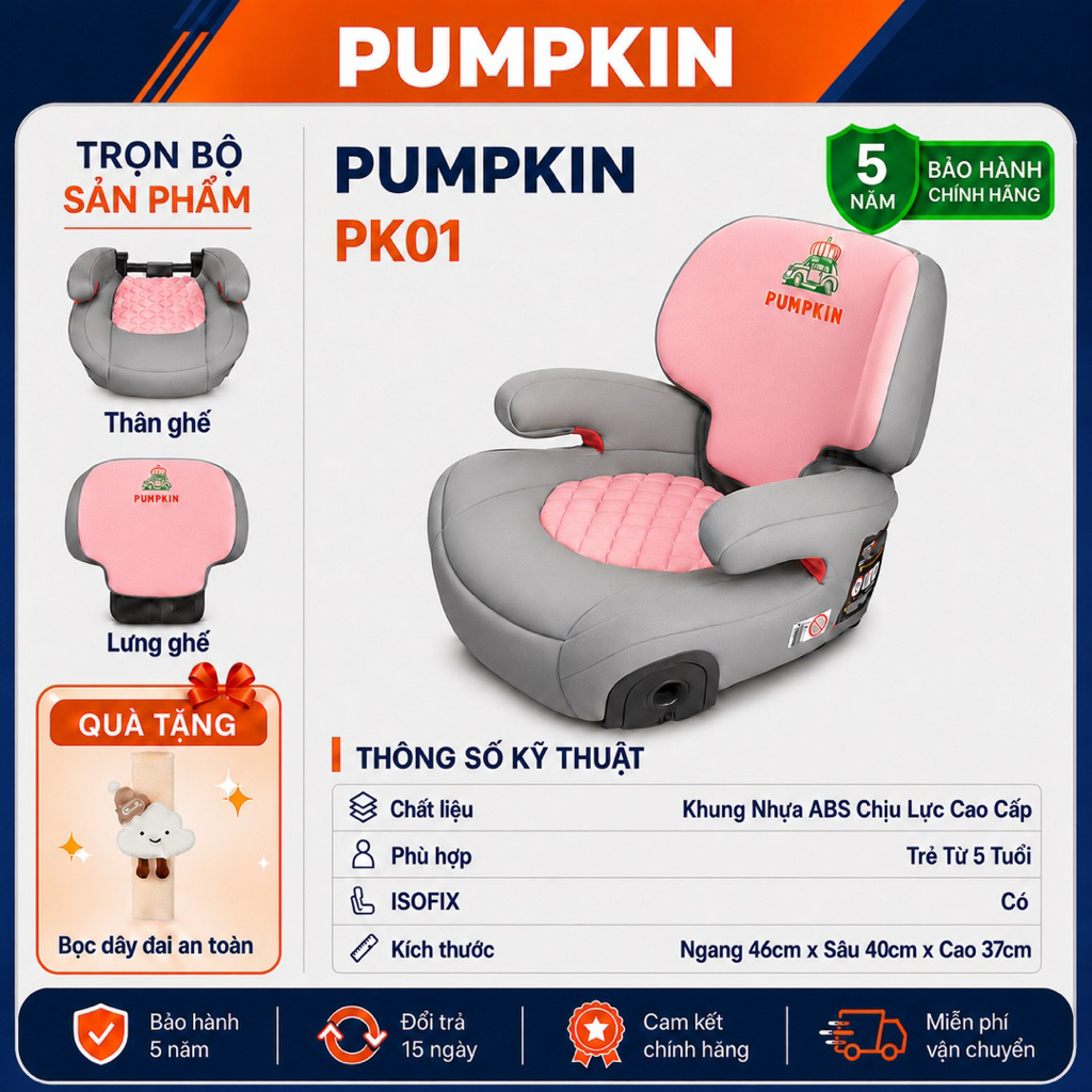 Ghế an toàn ô tô PUMPKIN,Có ISOFIX,đệm dày, Kích thước nhỏ, lưng tháo rời, không chiếm diện tích xe